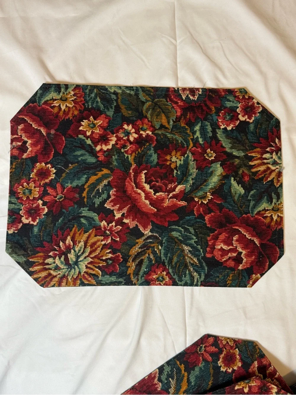 Floral Tapestry Table Placemats and Napkins Set - Deep Red & Teal